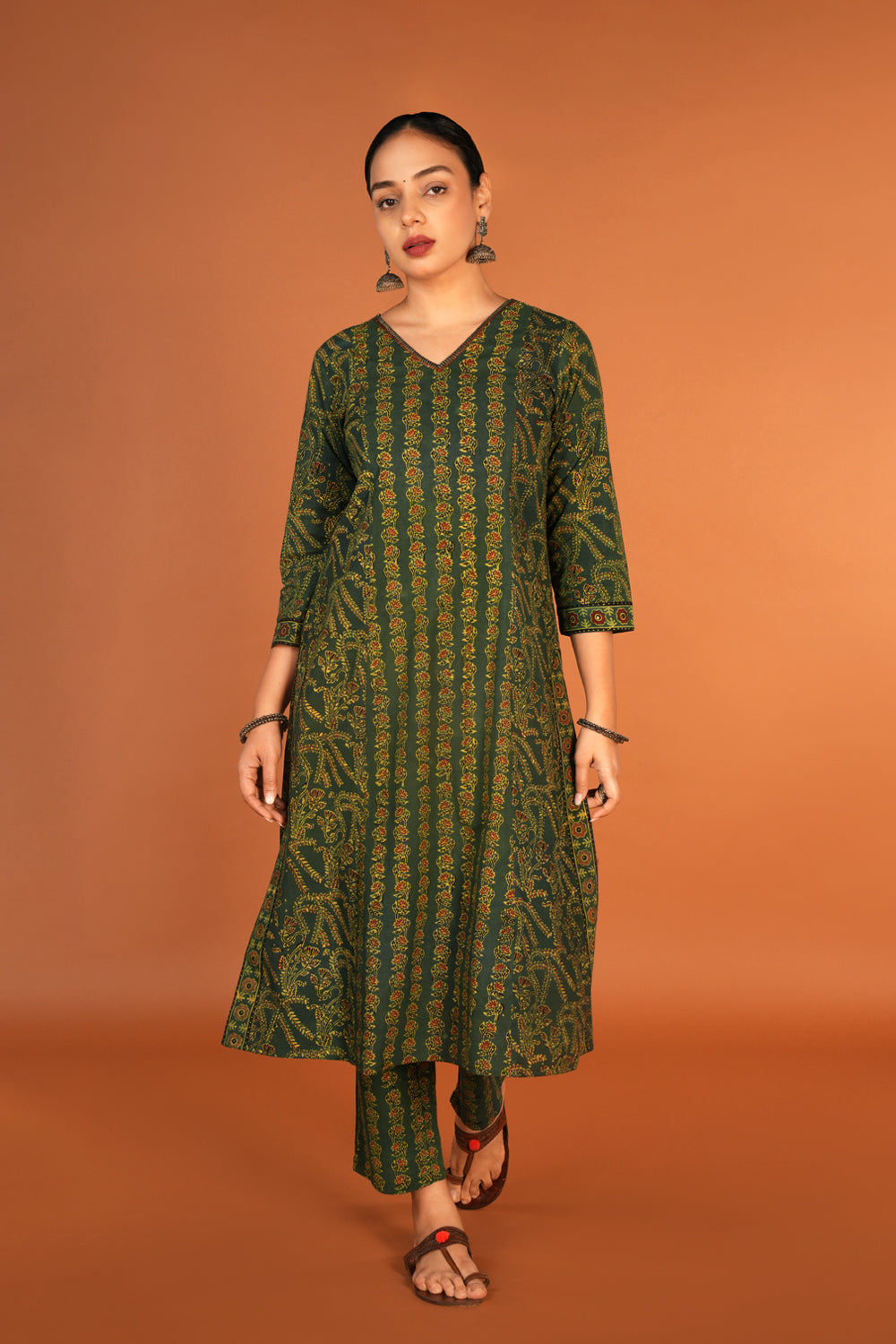 Image of Forest Green Ajrak handblock printed kurta with dupatta set